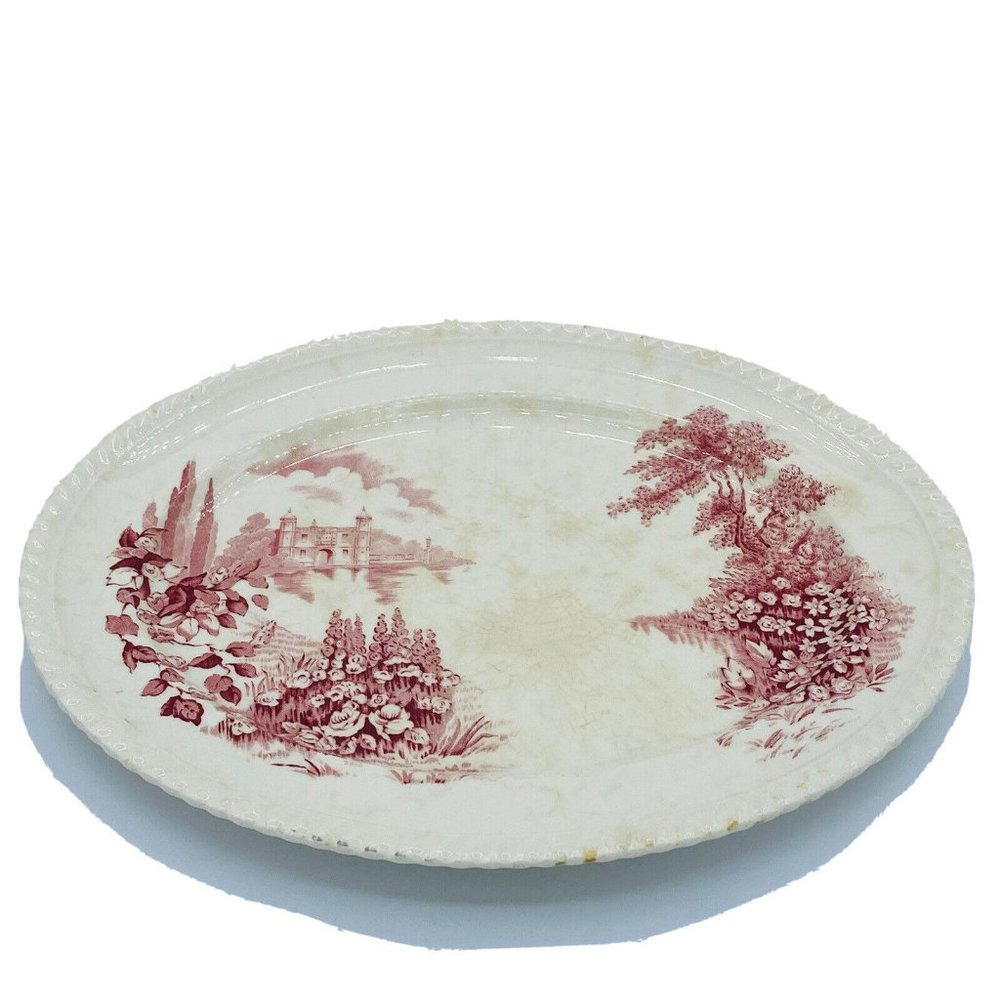 Vintage Johnson Bros CASTLE ON THE LAKE 12" Platter Cream & Burgundy England